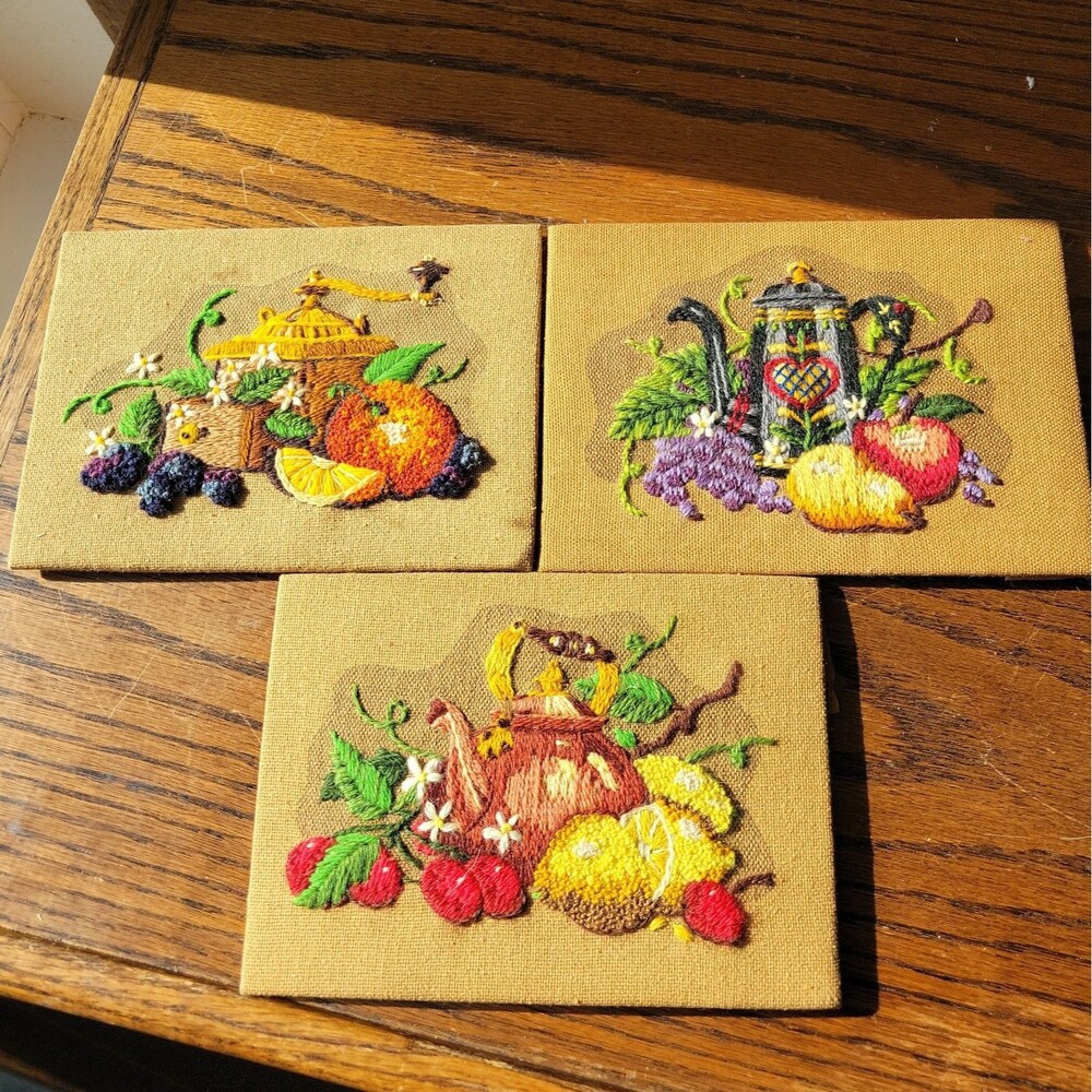 Vtg Set of 3 Sunset Designs Crewel Embroidery Completed Teapot designs on Boards